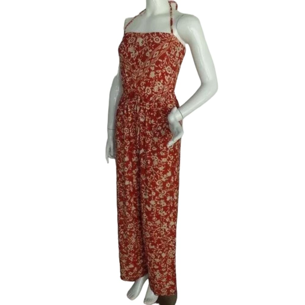 ROBIN PICCONE Jumpsuit, S, Rust Floral, Halter Spaghetti Straps, Wide leg - Picture 3 of 14